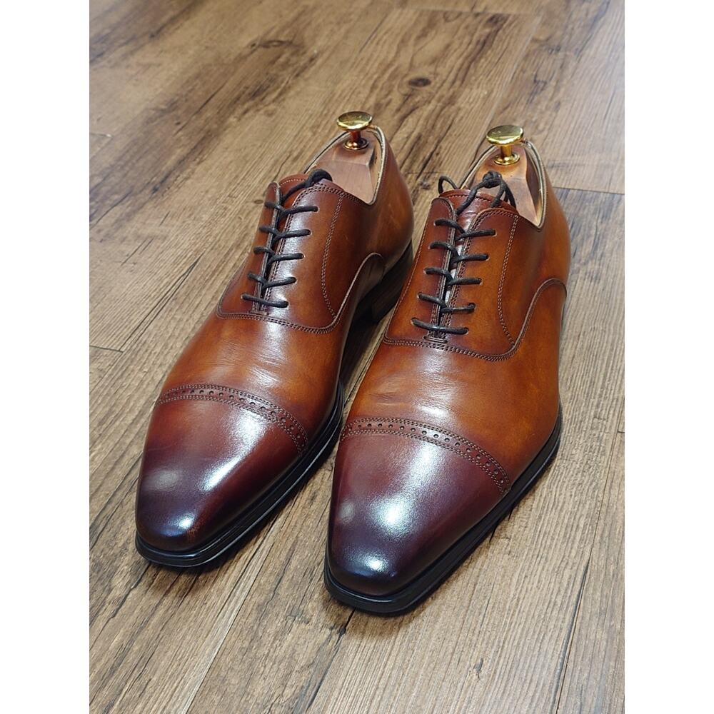 Magnanni Men’s Cap Toe 10M Two Tone Light Brown Burnished Leather Dress Shoes